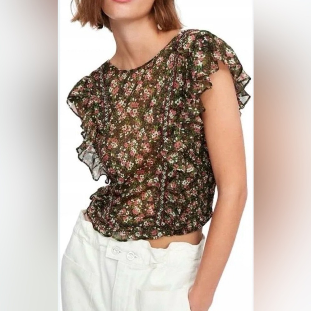 Zara Floral Ruffle Blouse in Green and Orange